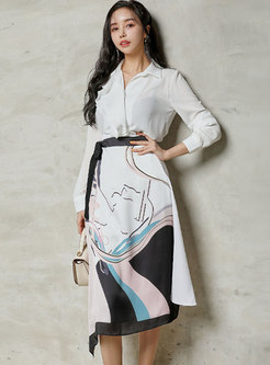 Long Sleeve Ruffle Blouse & Print Midi Skirt