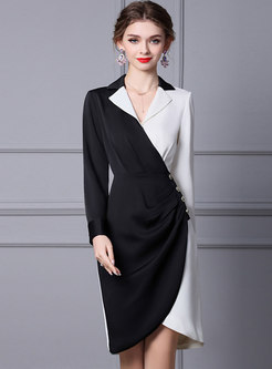 Notched Collar Long Sleeve Patchwork Work Dress