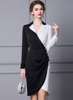 Notched Collar Long Sleeve Patchwork Work Dress