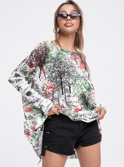 Plus Size Print Pullover Loose Knit Top