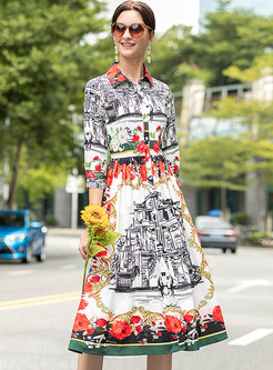 Retro Turn-down Collar Floral A Line Pleated Dress