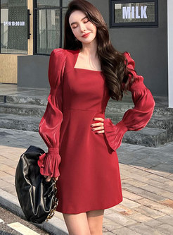 Square Neck Puff Sleeve Short A Line Cocktail Dress
