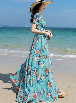 V-neck Short Sleeve Print Chiffon Boho Beach Dress
