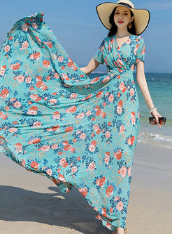 V-neck Short Sleeve Print Chiffon Boho Beach Dress