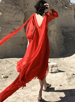 Red Lantern Sleeve Backless Chiffon Asymmetric Dress