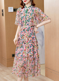 Retro Mandarin Collar Print Silk Midi Dress