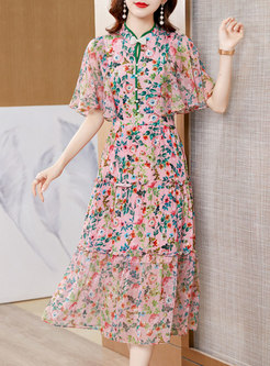 Retro Mandarin Collar Print Silk Midi Dress