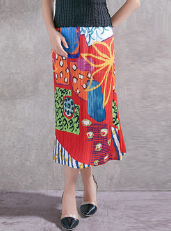 Casual High Waisted Print Pleated Long Skirt