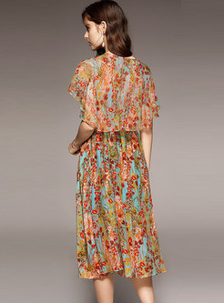 V-neck Cloak Sleeve Silk Print Midi Dress
