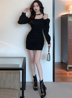 Off-the-shoulder Long Sleeve Ruched Mini Dress