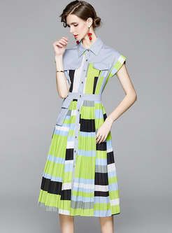 Casual Color-blocked Pleated Midi Shirt Dress