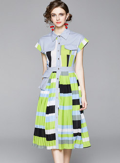 Casual Color-blocked Pleated Midi Shirt Dress