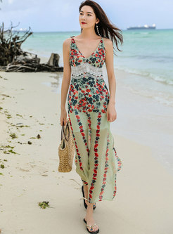 Boho V-neck Backless Print Beach Maxi Dress