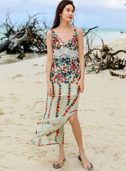 Boho V-neck Backless Print Beach Maxi Dress