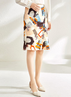High Waisted Knee-length Ruffle Print Skirt
