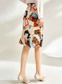 High Waisted Knee-length Ruffle Print Skirt