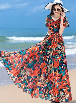 V-neck Print Big Hem Chiffon Boho Maxi Dress