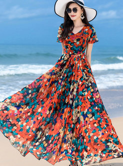 V-neck Print Big Hem Chiffon Boho Maxi Dress
