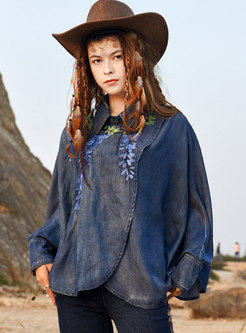 Retro Batwing Sleeve Embroidered Loose Denim Blouse