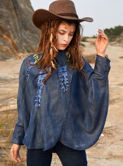 Retro Batwing Sleeve Embroidered Loose Denim Blouse