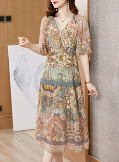 Ruffle Sleeve Print A Line Silk Midi Dress