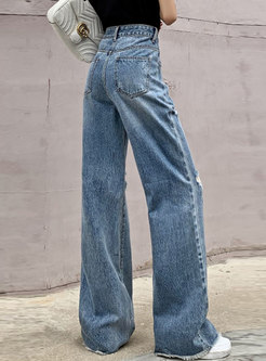 High Waisted Ripped Jean Wide Leg Pants