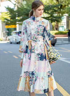 Mock Neck Lantern Sleeve Floral Patchwork Midi Dress