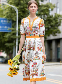 V-neck Floral High Waisted Pleated Midi Dress