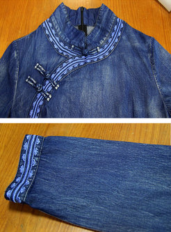 Retro Long Sleeve Embroidered Denim Maxi Dress