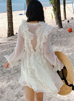 V-neck Long Sleeve White A Line Mini Dress