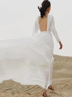 White Long Sleeve Backless Big Hem Beach Dress