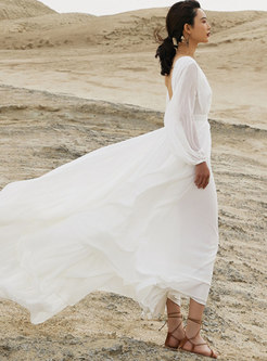 White Long Sleeve Backless Big Hem Beach Dress