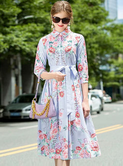 Turn-down Collar Floral Half Sleeve Midi Shirt Dress