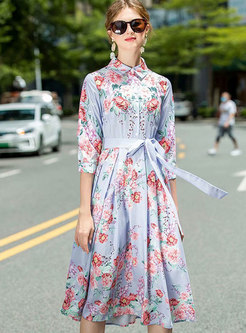 Turn-down Collar Floral Half Sleeve Midi Shirt Dress