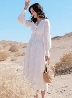 V-neck Long Sleeve Boho White Beach Maxi Dress