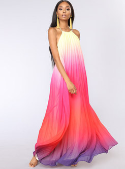 Backless Color-blocked Chiffon Beach Maxi Dress