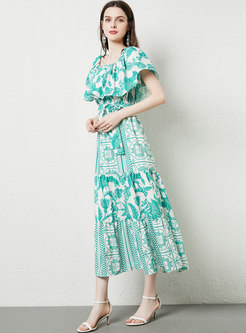Off-the-shoulder Print Ruffle Long Boho Beach Dress