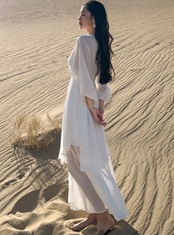 V-neck Lantern Sleeve A Line Beach Long Dress
