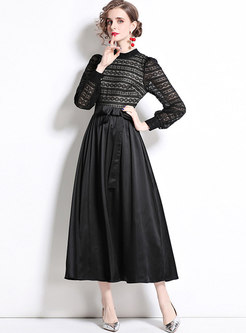 Mock Neck Puff Sleeve Lace Patchwork Maxi Dress