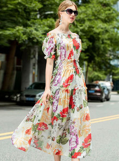Off-the-shoulder Floral A Line Boho Maxi Dress