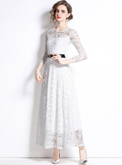 Crew Neck Long Sleeve Lace Openwork Party Dress