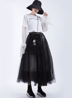 High Waisted A Line Lace Patchwork Mesh Long Skirt