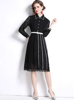 Long Sleeve Lace Openwork Pleated Little Black Dress
