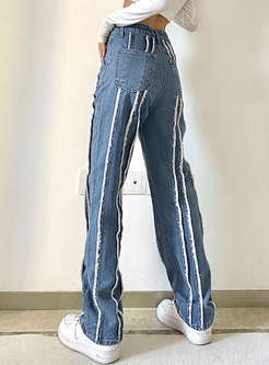Casual High Waisted Fringed Denim Straight Pants