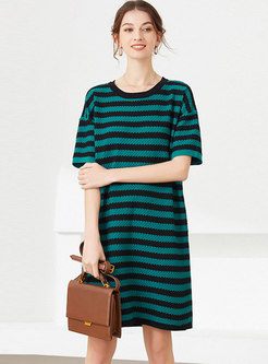 Casual Crew Neck Striped Loose Knitted Dress