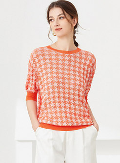 Crew Neck Houndstooth Batwing Sleeve Knit Top