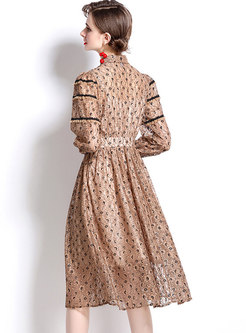 Puff Sleeve Lace Leopard High Waisted Midi Dress