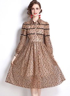 Puff Sleeve Lace Leopard High Waisted Midi Dress