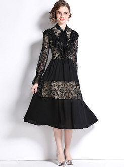 Bowknot Mock Neck Sheer Lace Black Midi Dress