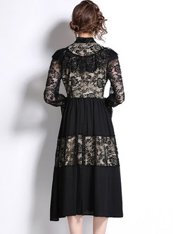 Bowknot Mock Neck Sheer Lace Black Midi Dress